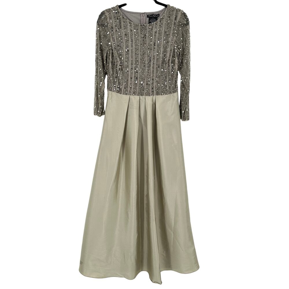 Pisarro Nights Mesh Sequin Boat Neck 3/4 Sleeve Formal New Silver Gown Womens 2